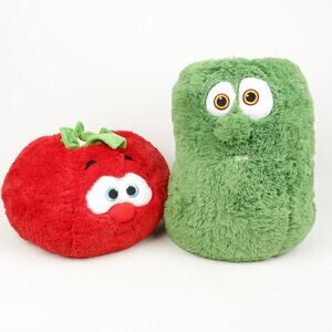 Lot of 2 Veggie Tales Pillow Pets Bob Tomato Larry Cucumber Soft Foldable Plush
